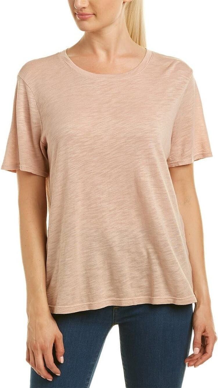 Splendid Zoe Short Sleeve Cotton Modal Slub Crew Neck - Pink/Beige, Medium NWT